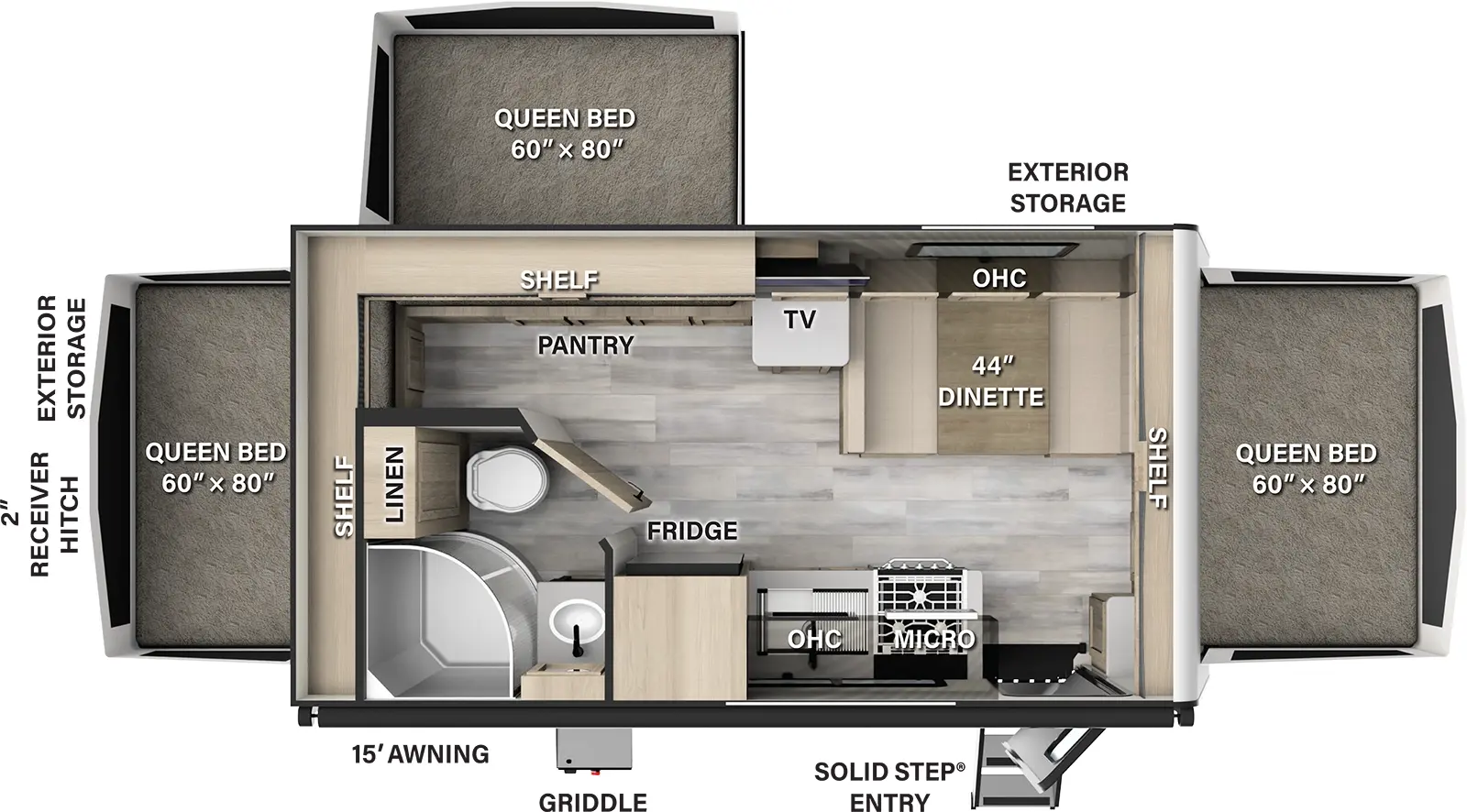 The 183 has no slide outs and one entry door. Exterior features a 15 foot awning, solid step entry, 2 inch receiver hitch, griddle, and exterior storage on off-door side and rear. Interior layout front to back: queen tent bed with shelf above; off-door side dinette, overhead cabinet, countertop with TV above, queen bed tent with pantry below and shelf above; door side entry, microwave, overhead cabinet, cooktop, sink, refrigerator and full bathroom with linen closet; rear queen tent bed with shelf above.